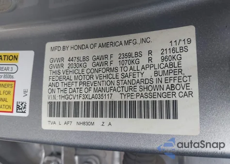 2020 Honda Accord Sport из США, поврежденный, VIN 1HGCV1F3XLA035117